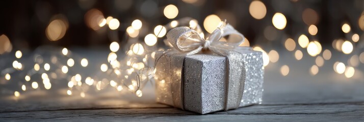 Poster - Holiday Box With Sparkling Lights Creates a Magical Atmosphere in a Cozy Setting