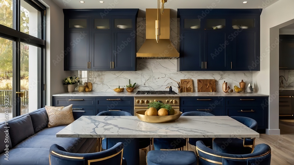 Modern navy blue kitchen with island featuring gold accents. Stock ...
