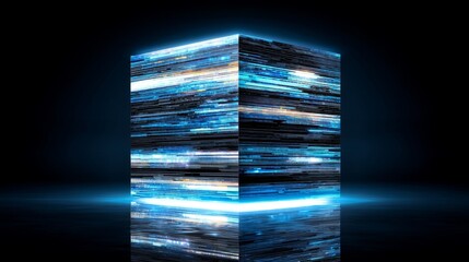 A cube is depicted in a 3d rendering with a blue background and binary code