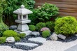 © DriftPixels - Serene zen garden featuring stone lantern, lush greenery, rocks, and gravel in a peaceful setting, eye-level shot