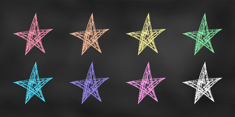 Wall Mural - Children's Chalk Drawn Sketch. Set of Design Elements Colorful Stars Isolated on Chalkboard Backdrop.