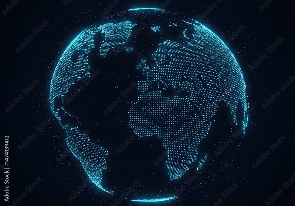 Digital globe of earth with glowing blue dots against a dark background ...