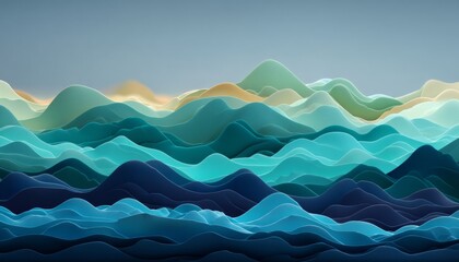 Canvas Print - abstract 3d render, layered paper waves in teal, turquoise, and blue tones on gradient background