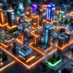 Fototapete - Futuristic Cityscape at Night: A Neon-Lit Metropolis with Skyscrapers and Glowing Roads, Rendered in High Detail