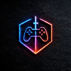 Leinwandbilder - Neon Game Controller in Hexagon: Futuristic Gaming Icon on Dark Textured Background, Colorful Gamer Design 