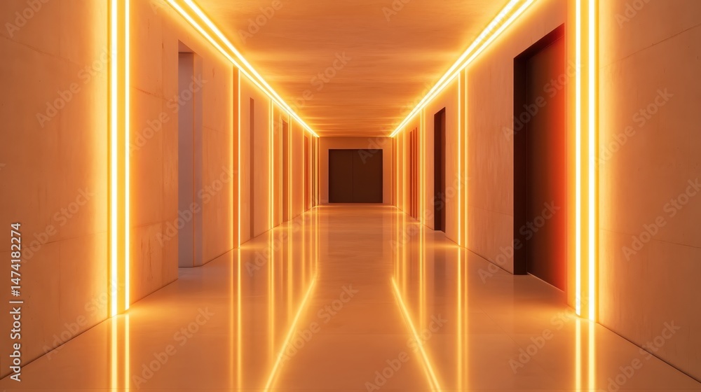 Modern hallway with symmetrical orange neon wall lights in futuristic ...