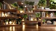 © Danila - A warm and inviting virtual backdrop showcasing a wooden bookcase filled with old books, lush greenery, and soft illumination, ideal for online learning, virtual meetings, and social media