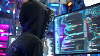 On a futuristic digital display, a hoodie-wearing female hacker is closely observing source code, an image generated by ai