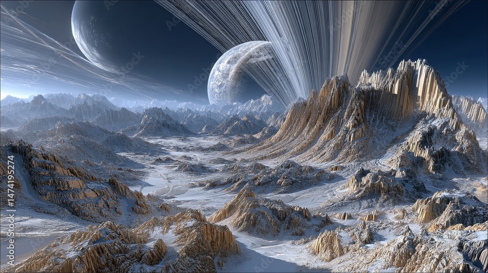 The beautiful frozen surface of an alien planet is a notable feature of ...