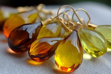 Aufkleber - Beautiful handcrafted earrings with vibrant amber and yellow stones displayed elegantly on fabric