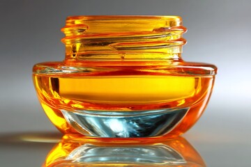 Aufkleber - Bright amber jar filled with liquid surrounded by a soft gray background