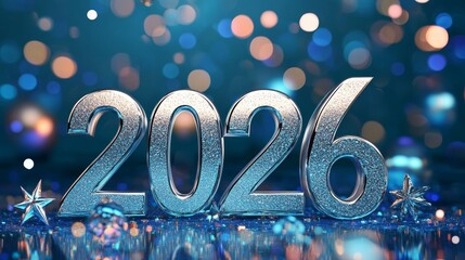 Canvas Print - silver 2026 new year celebration design on blue sparkling background with festive bokeh lights.