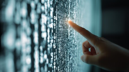 The futuristic viewpoint of digital interaction is represented by binary code display in a virtual environment technology concept