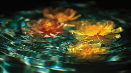 Wall Mural - Floating flowers on rippling water creating a serene scene, ideal for mindful self-care.
