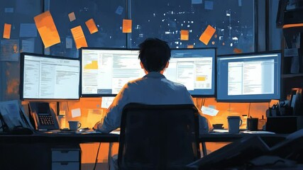 Nighttime Coding Session: Developer Working on Multiple Monitors Surrounded by City Lights