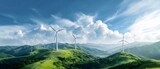 Picturesque mountain landscape with green hills and numerous wind turbines