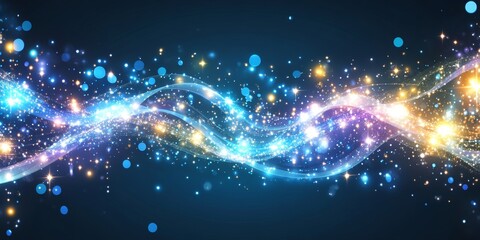Canvas Print - abstract swirling blue and gold wave with shining star and glitter particles on a dark background.