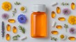 © Georgy - A pristine white background provides the setting for a stylishly arranged flat lay of various vitamins and health supplements