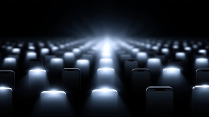 Wall Mural - A vast array of smartphones illuminates a dark expanse. This image captures the interaction of technology and light. Perfect for showcasing modern connectivity. AI.