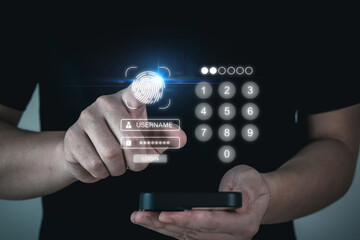 Wall Mural - Fingerprint. business man entering password code on mobile smartphone, cyber internet security, information security, digital marketing, shopping online, online payment and digital technology concept