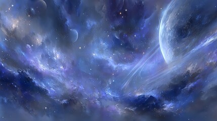 Wall Mural - Cosmic planets and celestial elements set against a vibrant abstract space background