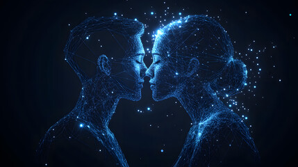 Poster - Futuristic wireframe art showcases a man and woman connected by digital lines, symbolizing modern relationships and technology's influence. Abstract wireframe in dark blue.