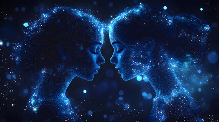 Aufkleber - Two stylized human profiles face each other, formed from luminous points and interconnected blue lines against a dark backdrop, evoking unity and cosmic connection. Abstract wireframe in dark blue.