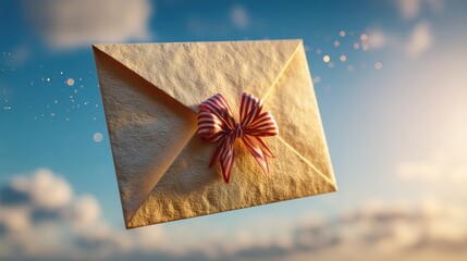Poster - Gift in Glowing Envelope Floating in Clear Sky With Soft Clouds in the Background During a Sunny Day