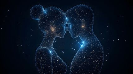 Leinwandbilder - Futuristic digital art showcasing a couple connected by a network of glowing lines in a dark, starry space. Intimate moment, abstract representation of love. Abstract wireframe in dark blue.