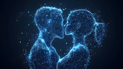 Aufkleber - Stylized digital figures, a male and female, constructed from glowing blue lines and dots, are about to kiss. The dark blue background intensifies the digital effect. Abstract wireframe in dark blue.