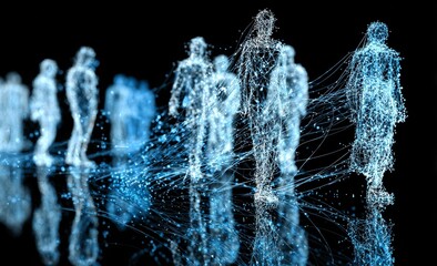 Digital humanoid forms are constructed from streams of blue data within an environment that is virtual