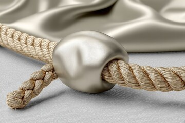 Aufkleber - Detailed close-up of a rope tied with a metallic knot on smooth fabric background