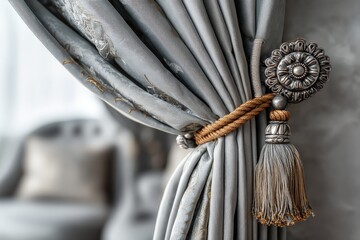 Aufkleber - Elegant gray curtains with decorative tieback in a stylish living room setting showcasing modern interior design