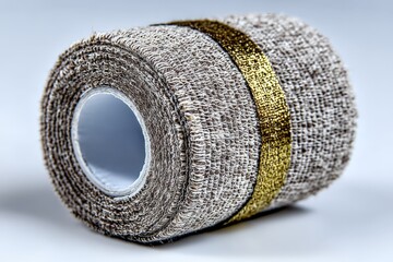 Aufkleber - Roll of beige fabric with a golden stripe displayed on a neutral background in a well-lit setting
