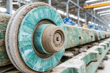 Leinwandbilder - Close-up of a dusty industrial conveyor roller in a factory setting showcasing details of machinery and structure