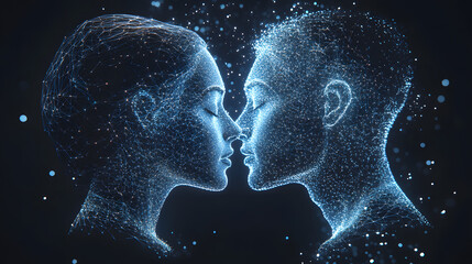 Fototapete - Digital faces merge in an ethereal dance of blue lines and dots. A futuristic vision of connection against a dark, particulate backdrop. Abstract wireframe in dark blue.