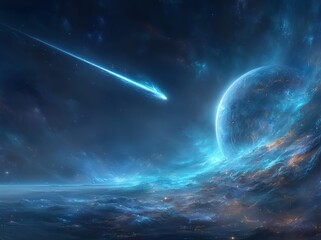 an exoplanet exists in the depths of space, where comets are drawing near to the planet, set against