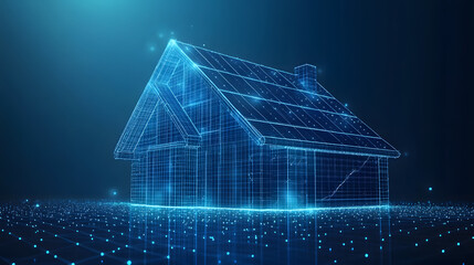 Fototapete - Futuristic house design rendered as a glowing blue wireframe against a dark blue backdrop. Solar panels adorn the roof, creating a high-tech home concept. Abstract wireframe in dark blue.