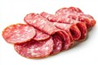 © NUR - Salami sausage slices ham isolated on white background, cured meat thinly sliced for cooking or serving