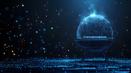 Fototapete - Futuristic scene featuring a glowing globe on a wireframe stand, powered by solar panels amidst blue particles and bokeh lights. Clean energy technology vision. Abstract wireframe in dark blue