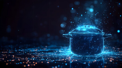 Aufkleber - Glowing blue wireframe cooking pot with lid, set against a dark bokeh background. Reflective surface enhances the futuristic, technological feel. Abstract wireframe in dark blue.
