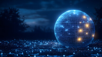 Aufkleber - Glowing spherical grid in a field at night. Blue lines intersect with bright white-blue lights. Warm, golden spots. Grass emits soft blue light. Abstract wireframe in dark blue.