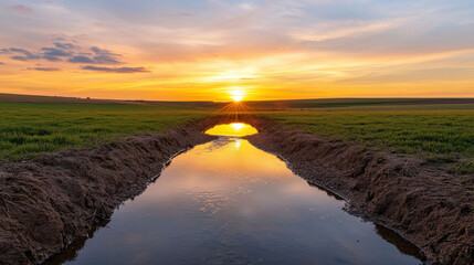 Wall Mural - beautiful sunset over peaceful rural landscape with stream reflecting vibrant colors