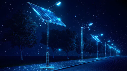 Fototapete - Futuristic night scene featuring solar streetlights illuminating a networked path under a starlit sky. Trees echo the wireframe design, blending tech and nature. Abstract wireframe in dark blue