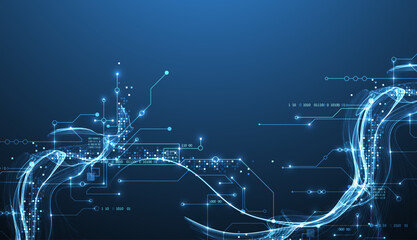 Poster - Abstract data wave with futuristic circuit lines. Technology concept. Vector