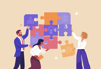 Fototapete - Business Teamwork concept. Contemporary flat style abstract vector illustration of diverse people putting together puzzle details. Isolated on background.