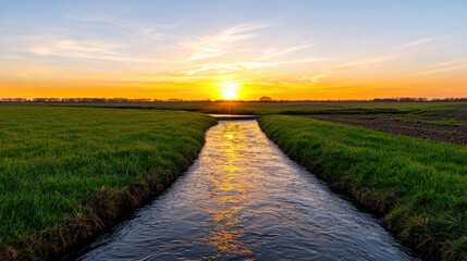 Wall Mural - beautiful sunset over peaceful rural landscape with flowing river and green fields