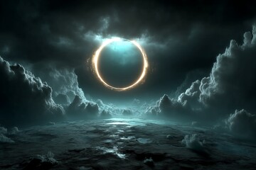Poster - Stunning celestial phenomenon illuminating cloudy sky over a tranquil sea at dusk