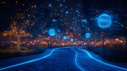 Fototapete - Night park scene featuring luminous pathways and trees adorned with warm and cool lights, creating a modern atmosphere. A digital display of nature's beauty. Abstract wireframe in dark blue.