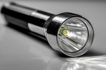 Poster - Bright LED flashlight rests on a smooth surface in a dimly lit room, ready for use during a nighttime adventure or emergency